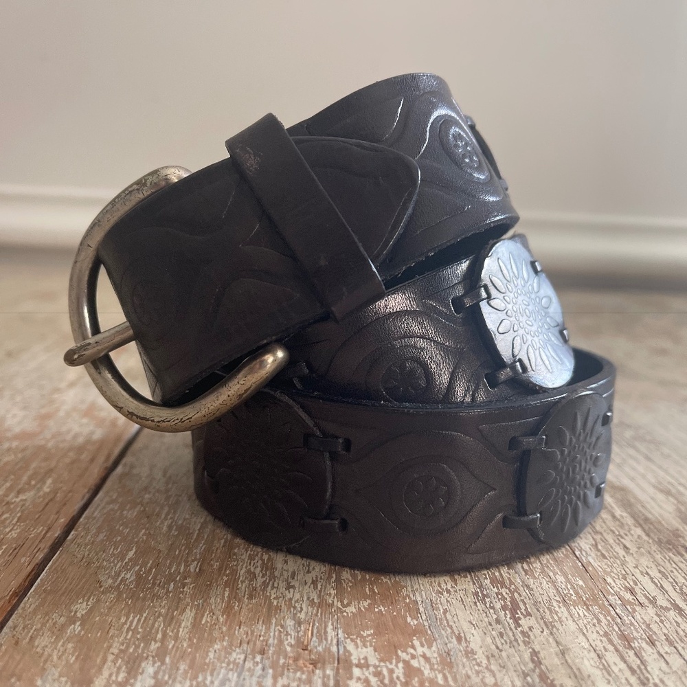 Vintage Fossil Sun Flower Genuine Leather Belt Dark Brown Large Tooled Festival